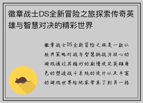徽章战士DS全新冒险之旅探索传奇英雄与智慧对决的精彩世界