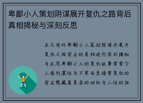 卑鄙小人策划阴谋展开复仇之路背后真相揭秘与深刻反思